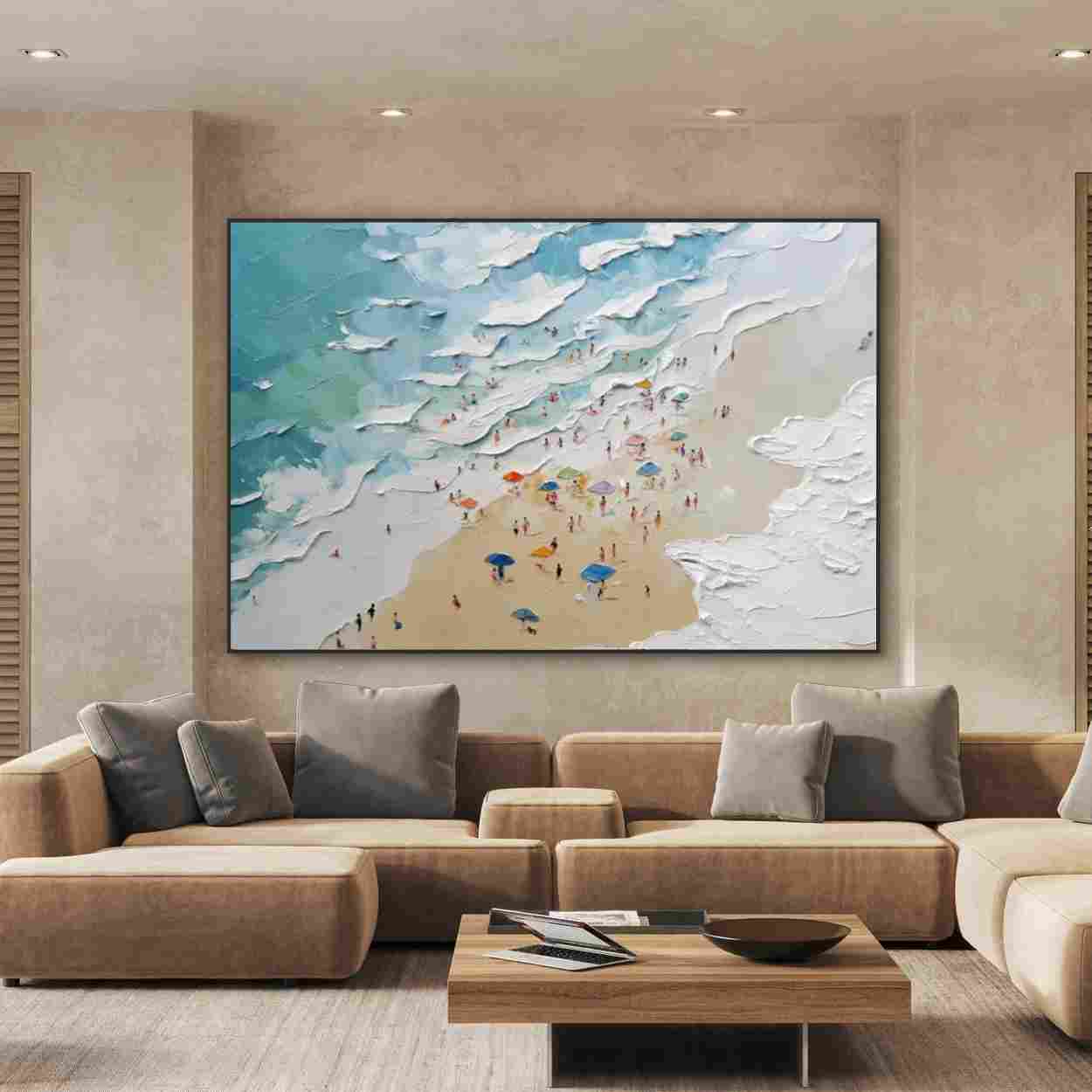 Textured Coastal Beach Wall Art, Turquoise Ocean Wave Canvas Painting for Living Room Décor #PT 164