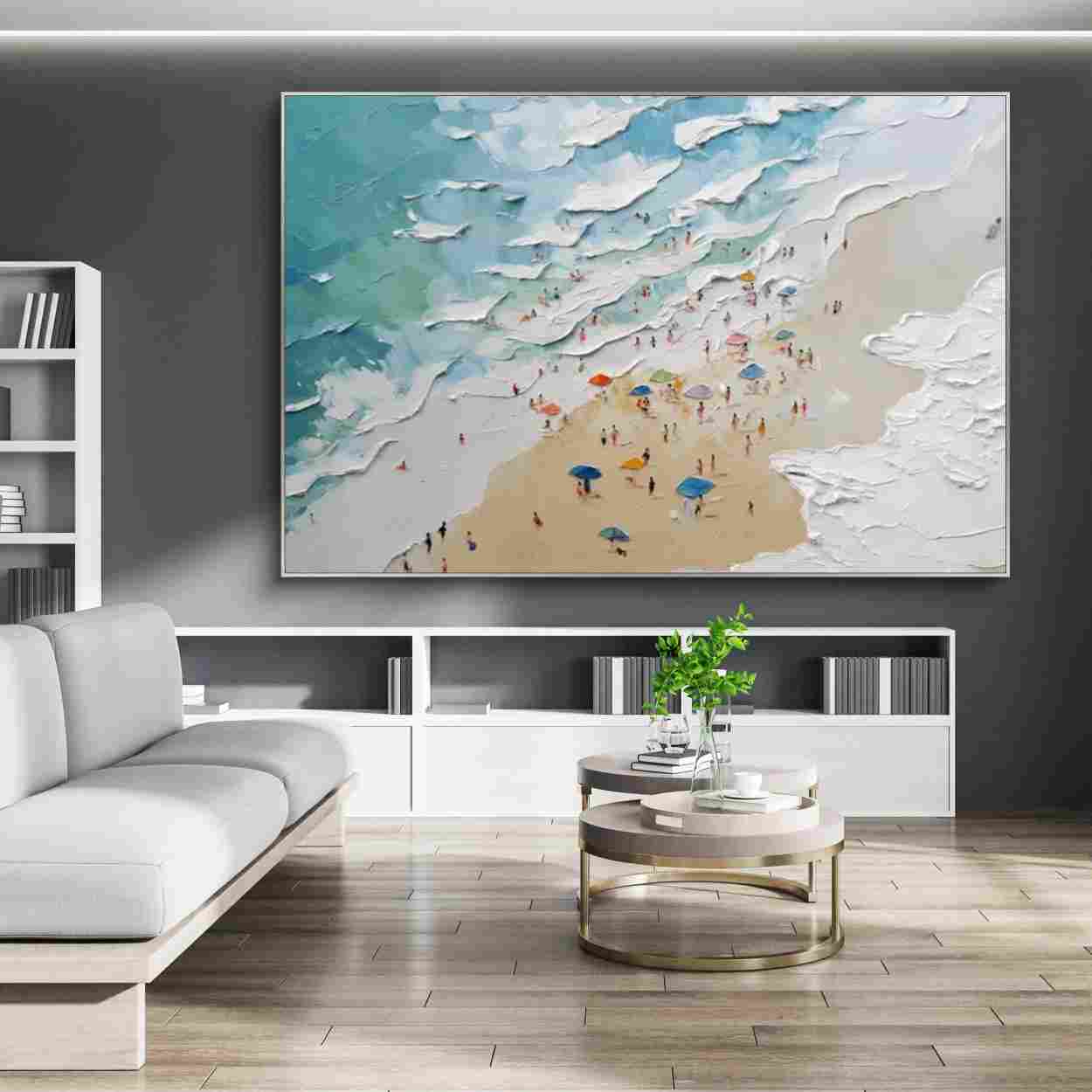 Textured Coastal Beach Wall Art, Turquoise Ocean Wave Canvas Painting for Living Room Décor #PT 164