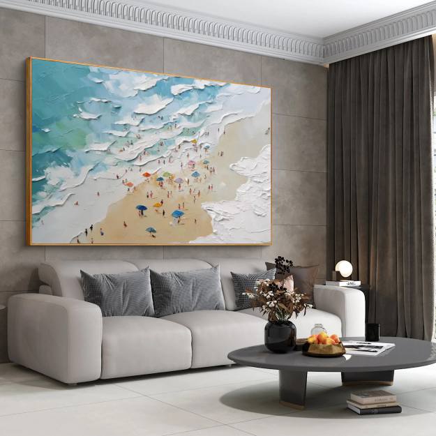 Textured Coastal Beach Wall Art, Turquoise Ocean Wave Canvas Painting for Living Room Décor #PT 164