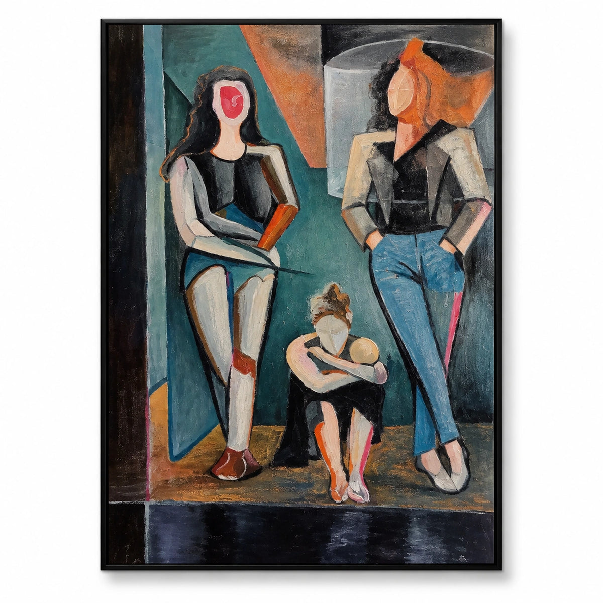Abstract Three Women Oil Painting | Teal Rust and Charcoal Geometric Fashion Figures Vertical Wall Art #OA 1685
