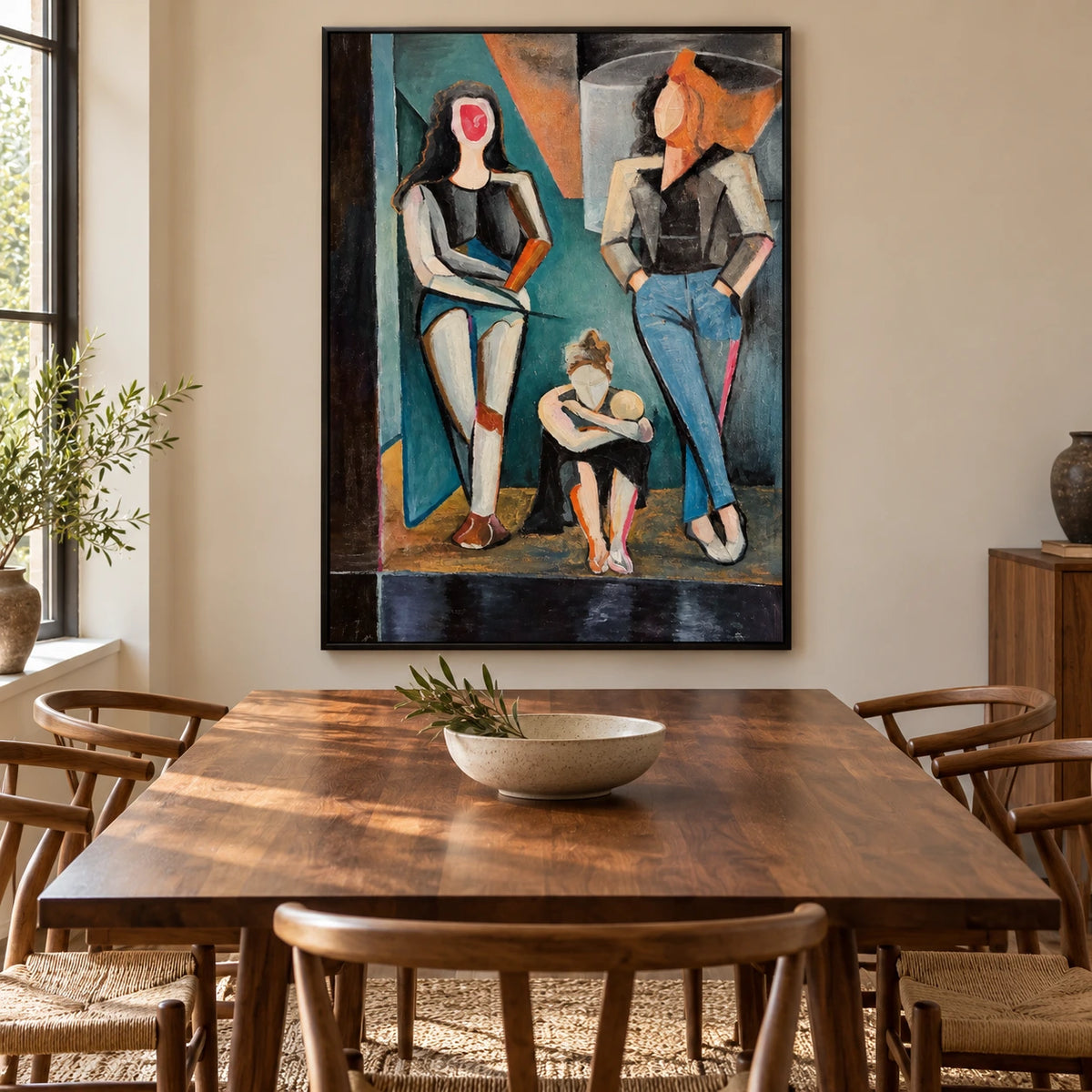 Abstract Three Women Oil Painting | Teal Rust and Charcoal Geometric Fashion Figures Vertical Wall Art #OA 1685