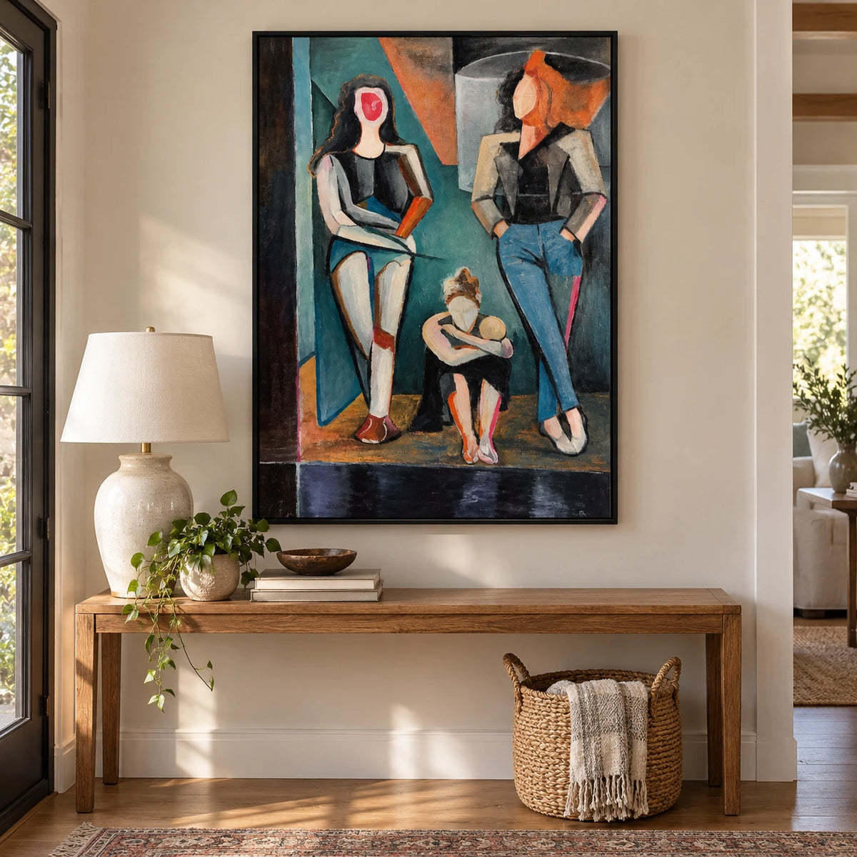 Abstract Three Women Oil Painting | Teal Rust and Charcoal Geometric Fashion Figures Vertical Wall Art #OA 1685