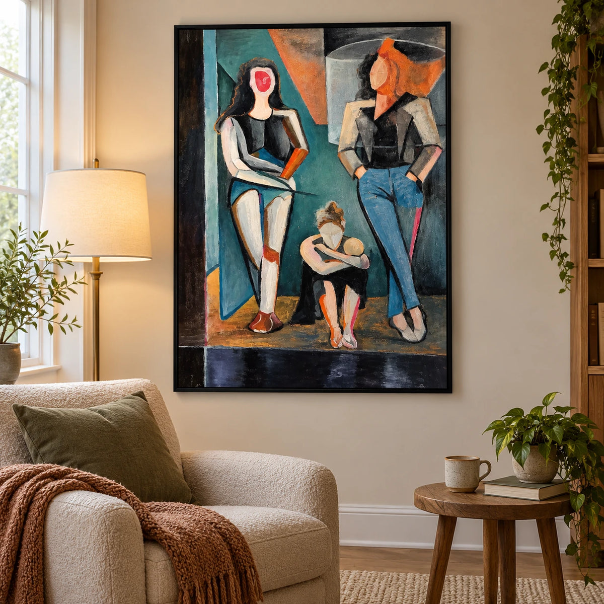 Abstract Three Women Oil Painting | Teal Rust and Charcoal Geometric Fashion Figures Vertical Wall Art #OA 1685