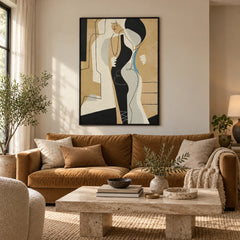 Abstract Woman Portrait Oil Painting | Black Cream Ochre Shapes Blue Accent and Fine Lines Vertical Wall Art #OA 1748
