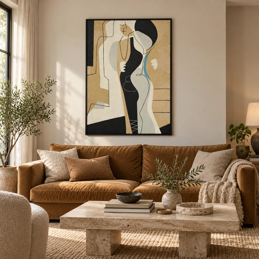 Abstract Woman Portrait Oil Painting | Black Cream Ochre Shapes Blue Accent and Fine Lines Vertical Wall Art #OA 1748