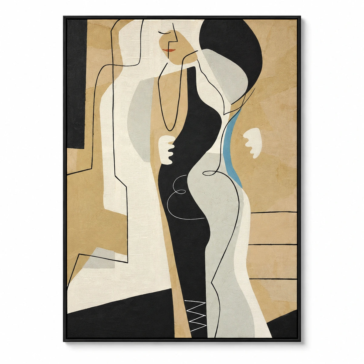 Abstract Woman Portrait Oil Painting | Black Cream Ochre Shapes Blue Accent and Fine Lines Vertical Wall Art OA 1748