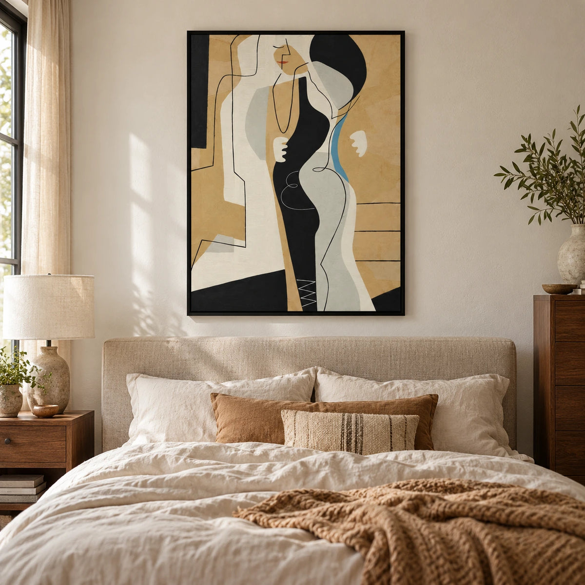 Abstract Woman Portrait Oil Painting | Black Cream Ochre Shapes Blue Accent and Fine Lines Vertical Wall Art OA 1748