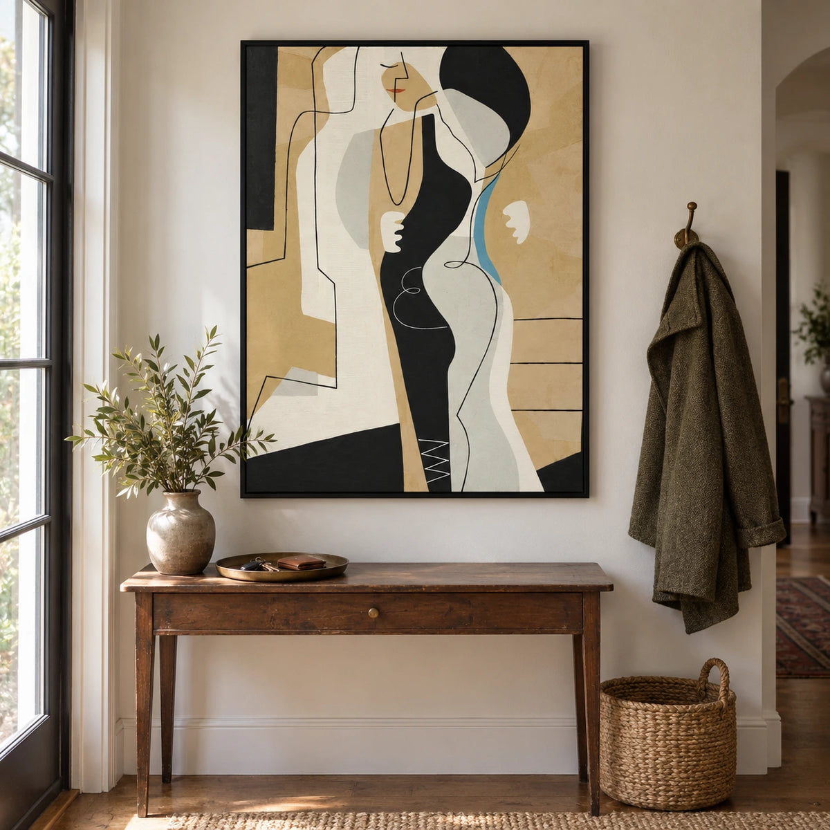 Abstract Woman Portrait Oil Painting | Black Cream Ochre Shapes Blue Accent and Fine Lines Vertical Wall Art OA 1748