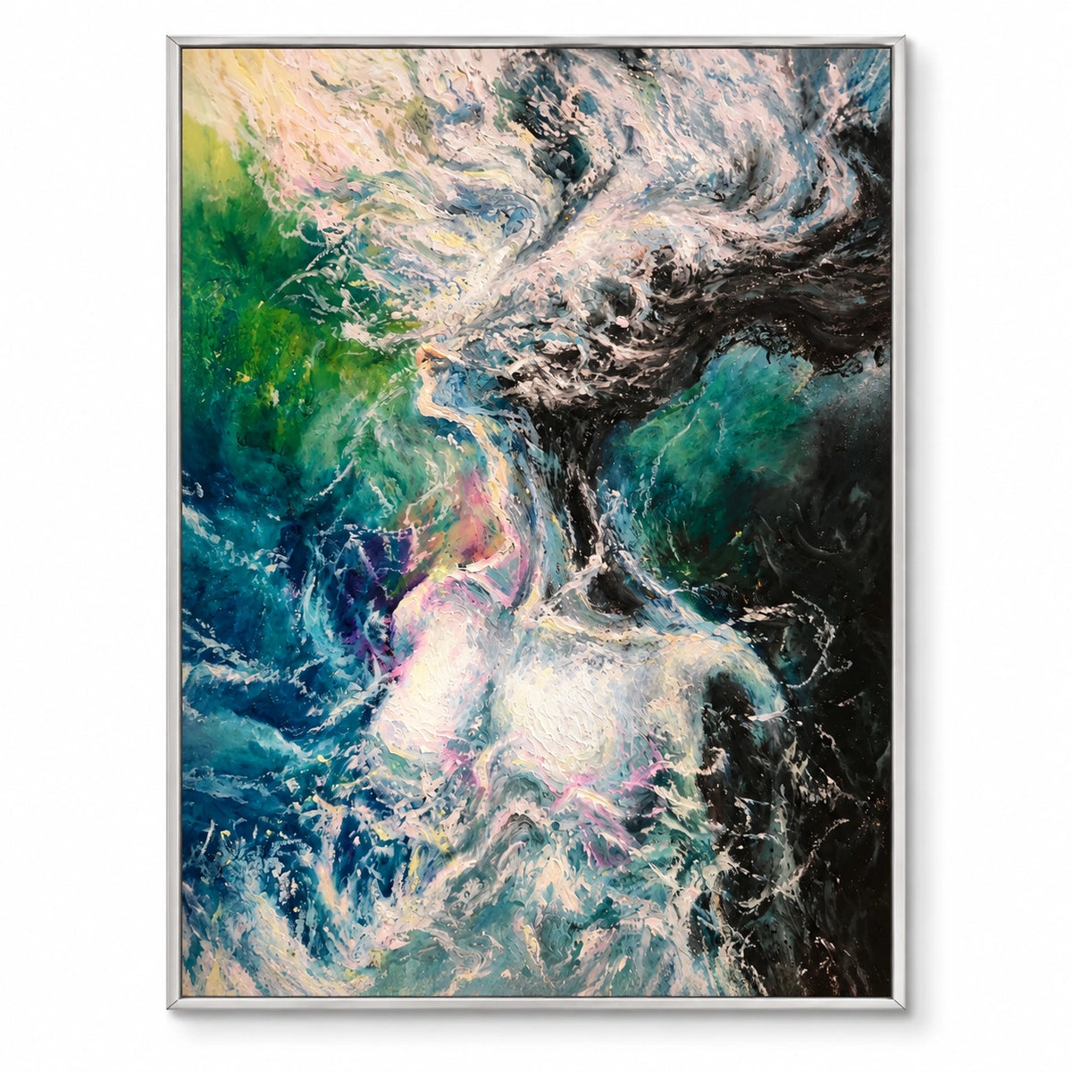 Abstract Woman in Swirling Water Oil Painting | Blue Green Pink and White Expressive Vertical Figurative Wall Art OA 1774