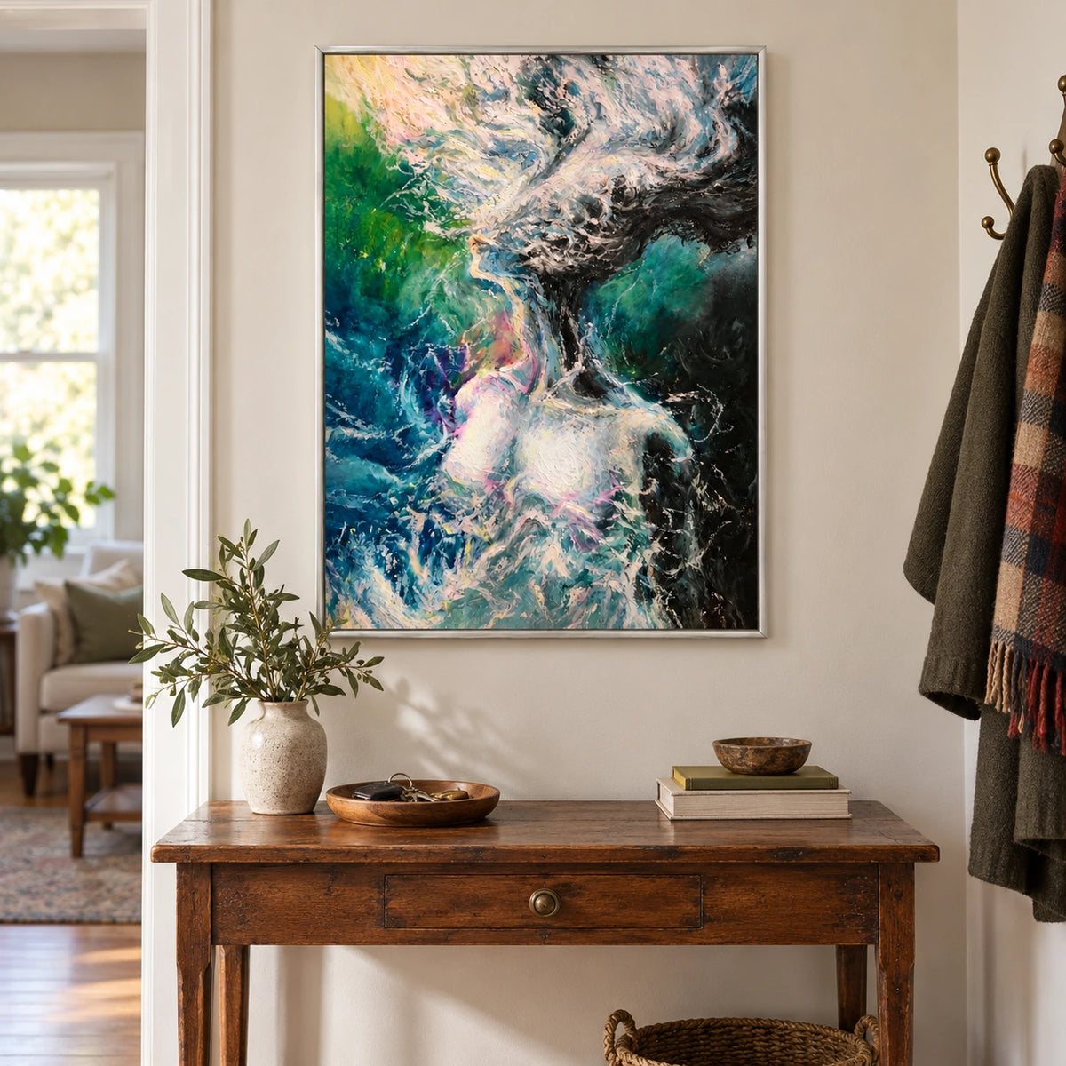 Abstract Woman in Swirling Water Oil Painting | Blue Green Pink and White Expressive Vertical Figurative Wall Art OA 1774