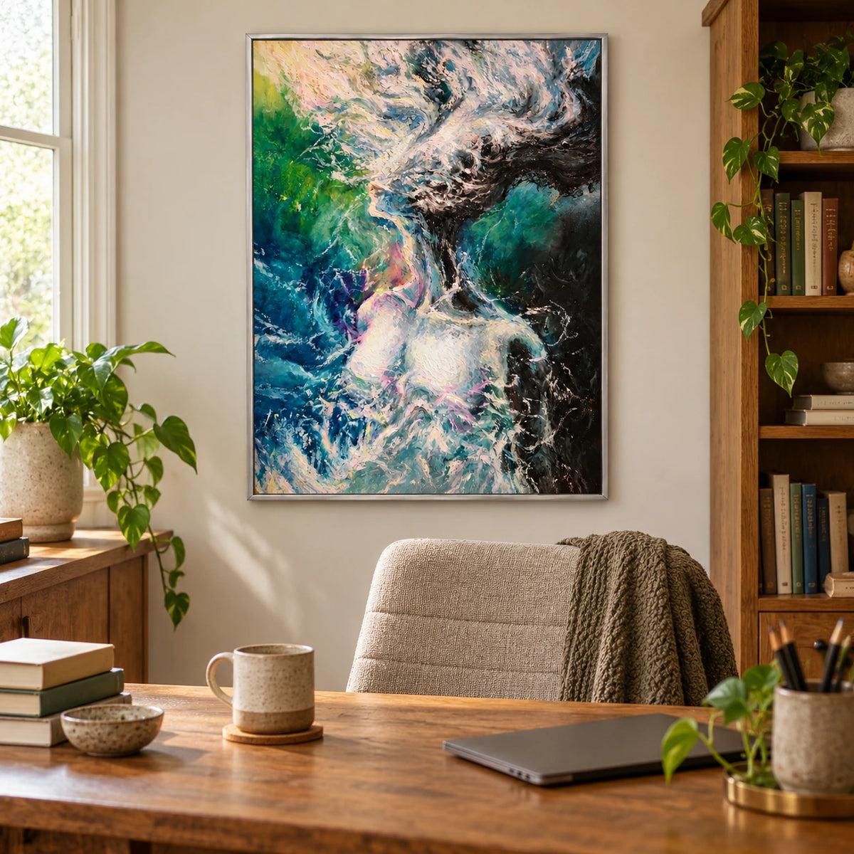 Abstract Woman in Swirling Water Oil Painting | Blue Green Pink and White Expressive Vertical Figurative Wall Art OA 1774