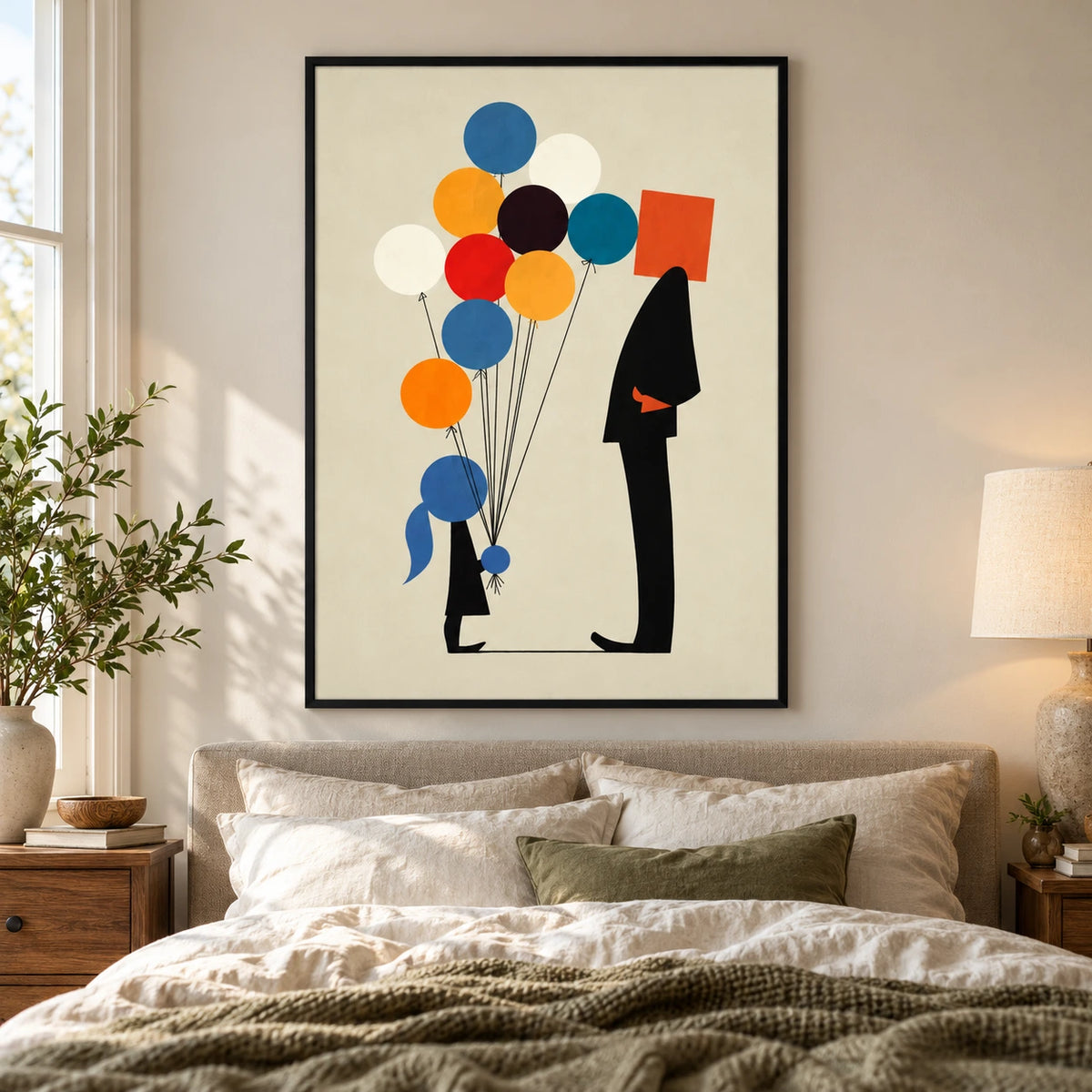 Adult and Child with Colorful Balloons Oil Painting | Black Geometric Figures on Cream Minimalist Vertical Wall Art OA 1735