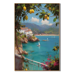 Amalfi Coast-Inspired Lemon Tree and Blue Bay Landscape Oil Painting – Vertical Mediterranean Sailboat Wall Art | Ownanart # OA 1213