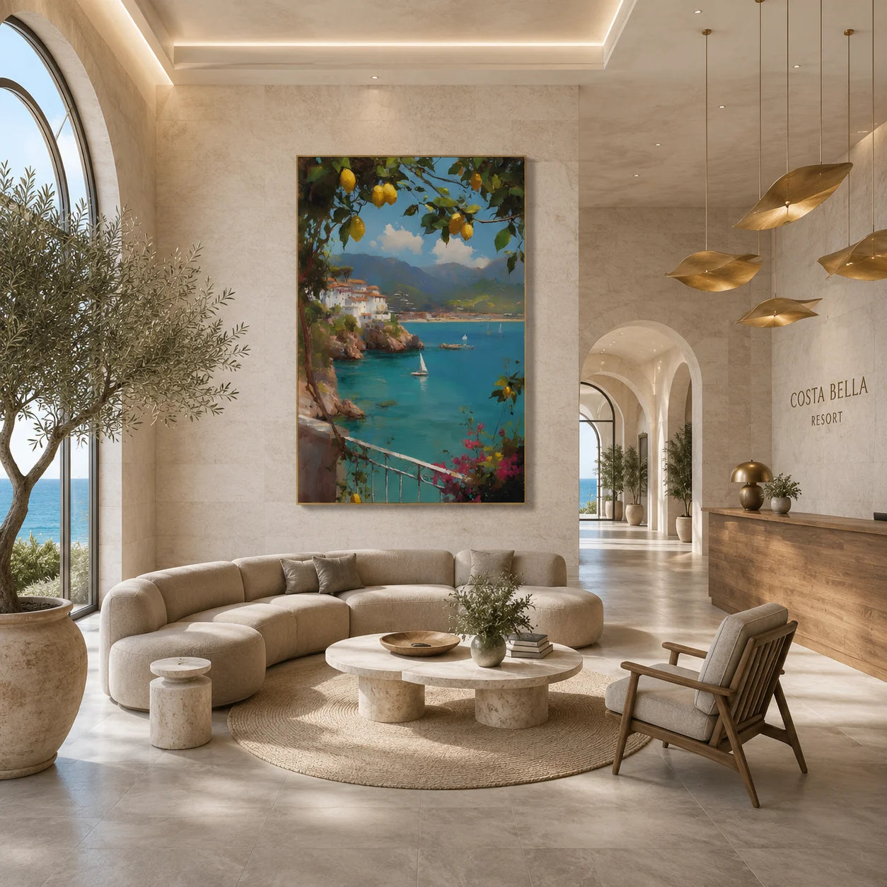 Amalfi Coast-Inspired Lemon Tree and Blue Bay Landscape Oil Painting – Vertical Mediterranean Sailboat Wall Art | Ownanart # OA 1213