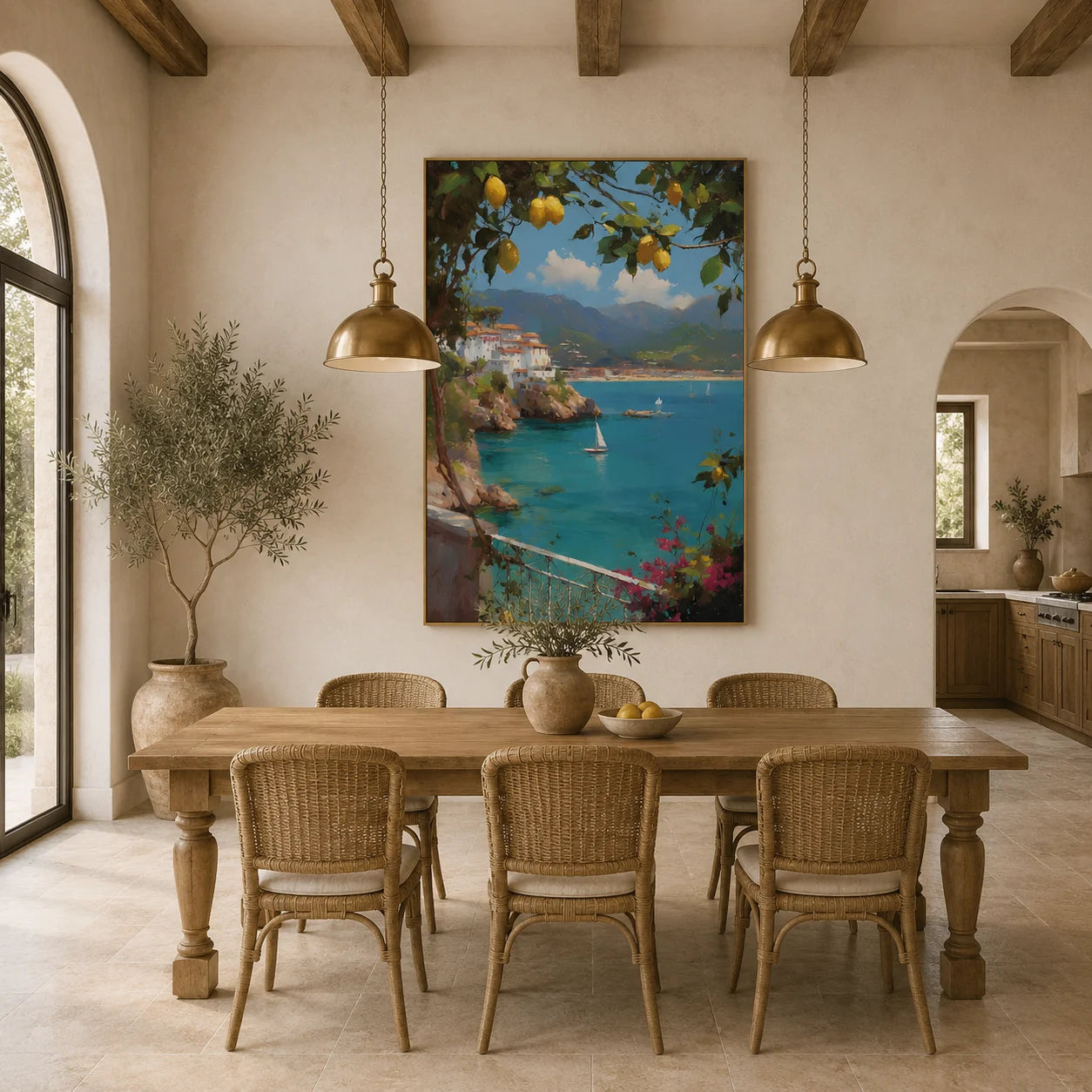 Amalfi Coast-Inspired Lemon Tree and Blue Bay Landscape Oil Painting – Vertical Mediterranean Sailboat Wall Art | Ownanart # OA 1213