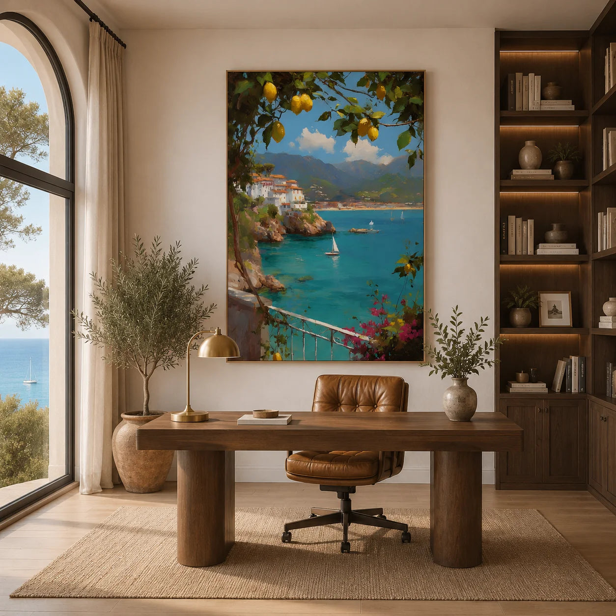 Amalfi Coast-Inspired Lemon Tree and Blue Bay Landscape Oil Painting – Vertical Mediterranean Sailboat Wall Art | Ownanart # OA 1213