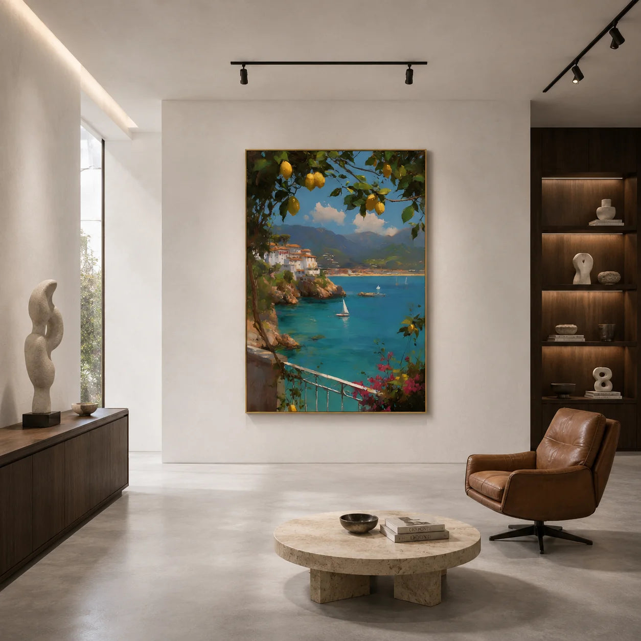 Amalfi Coast-Inspired Lemon Tree and Blue Bay Landscape Oil Painting – Vertical Mediterranean Sailboat Wall Art | Ownanart # OA 1213