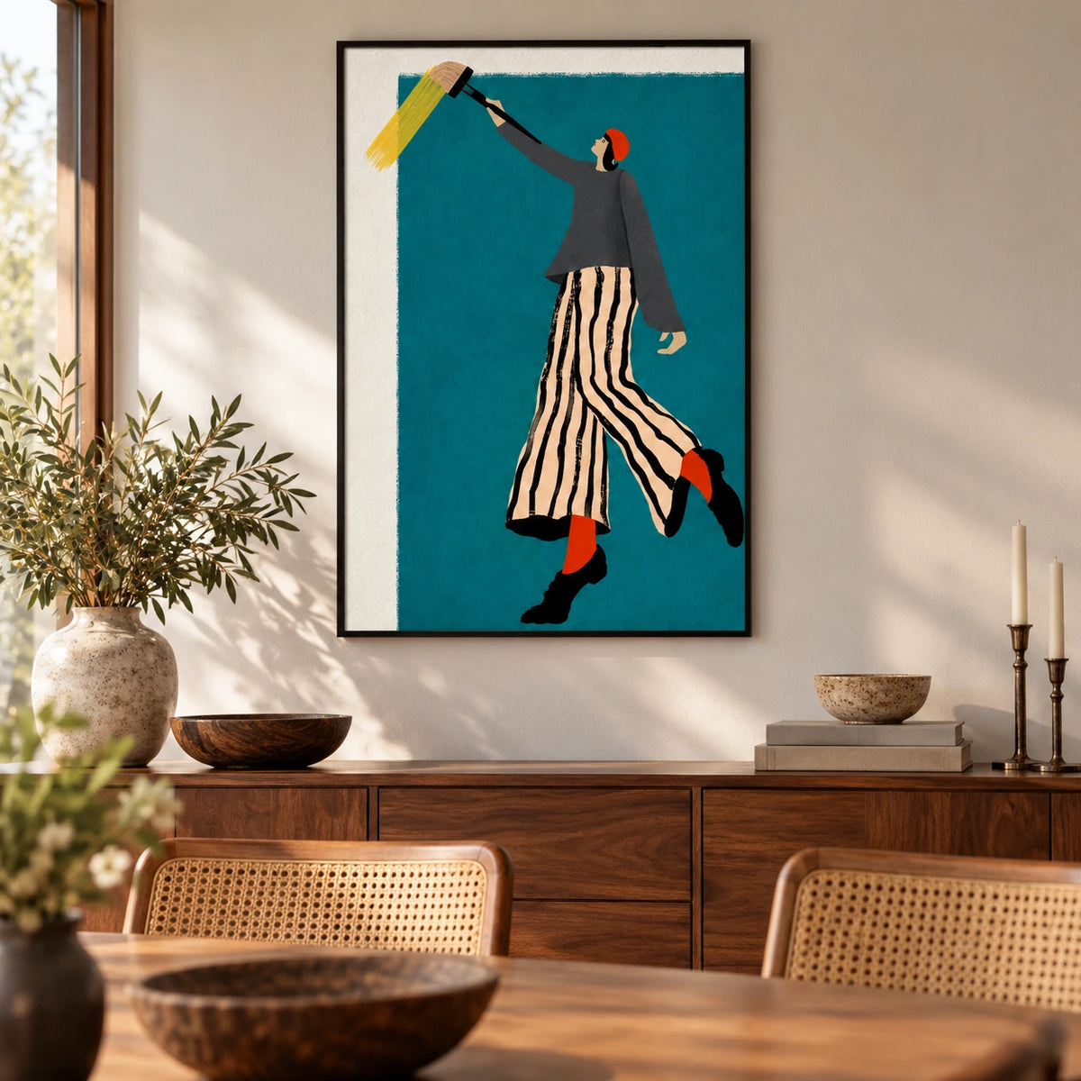 Artist with Giant Paintbrush Oil Painting | Teal Whimsical Figurative Wall Art #OA 1603