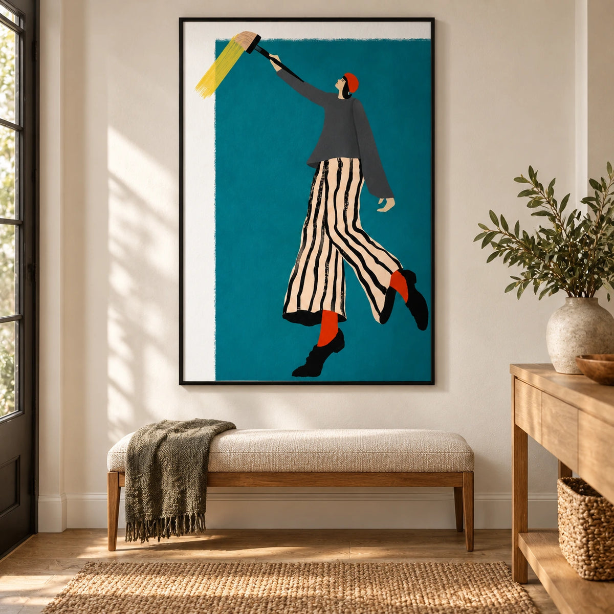 Artist with Giant Paintbrush Oil Painting | Teal Whimsical Figurative Wall Art #OA 1603