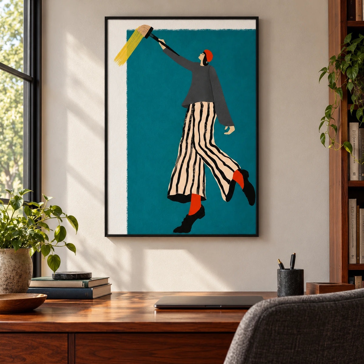 Artist with Giant Paintbrush Oil Painting | Teal Whimsical Figurative Wall Art #OA 1603
