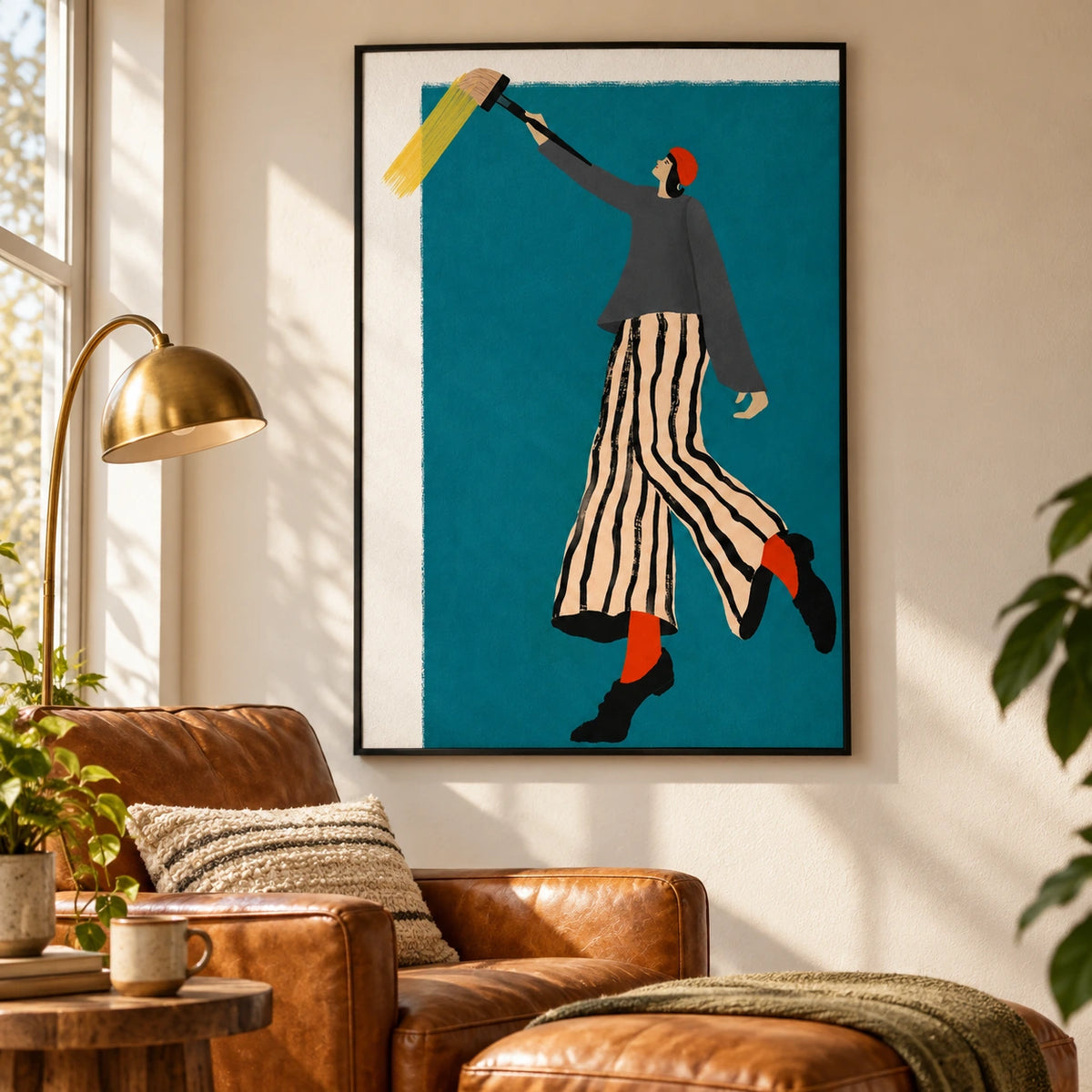 Artist with Giant Paintbrush Oil Painting | Teal Whimsical Figurative Wall Art #OA 1603