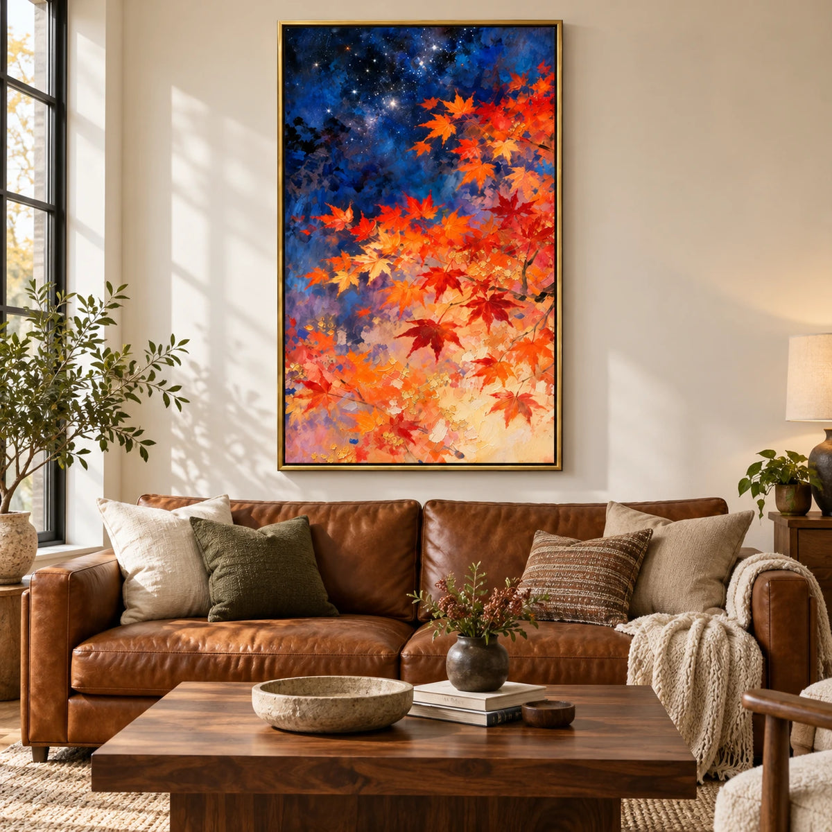 Autumn Maple Leaves beneath Starry Sky Oil Painting | Orange Red Foliage and Deep Blue Night Vertical Wall Art #OA 1720
