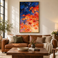 Autumn Maple Leaves beneath Starry Sky Oil Painting | Orange Red Foliage and Deep Blue Night Vertical Wall Art #OA 1720
