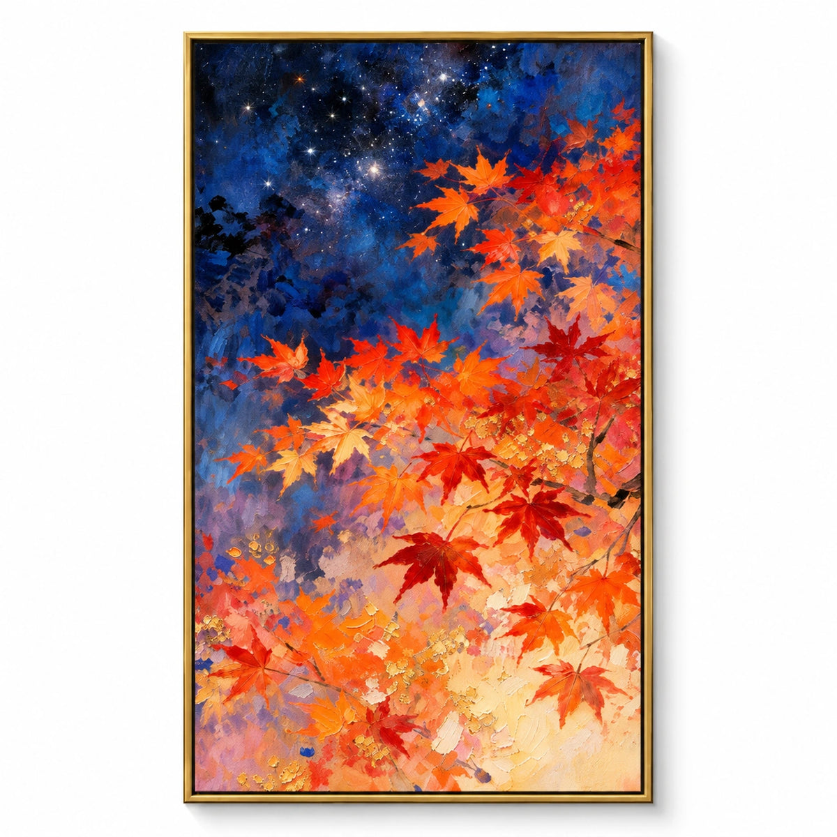 Autumn Maple Leaves beneath Starry Sky Oil Painting | Orange Red Foliage and Deep Blue Night Vertical Wall Art #OA 1720