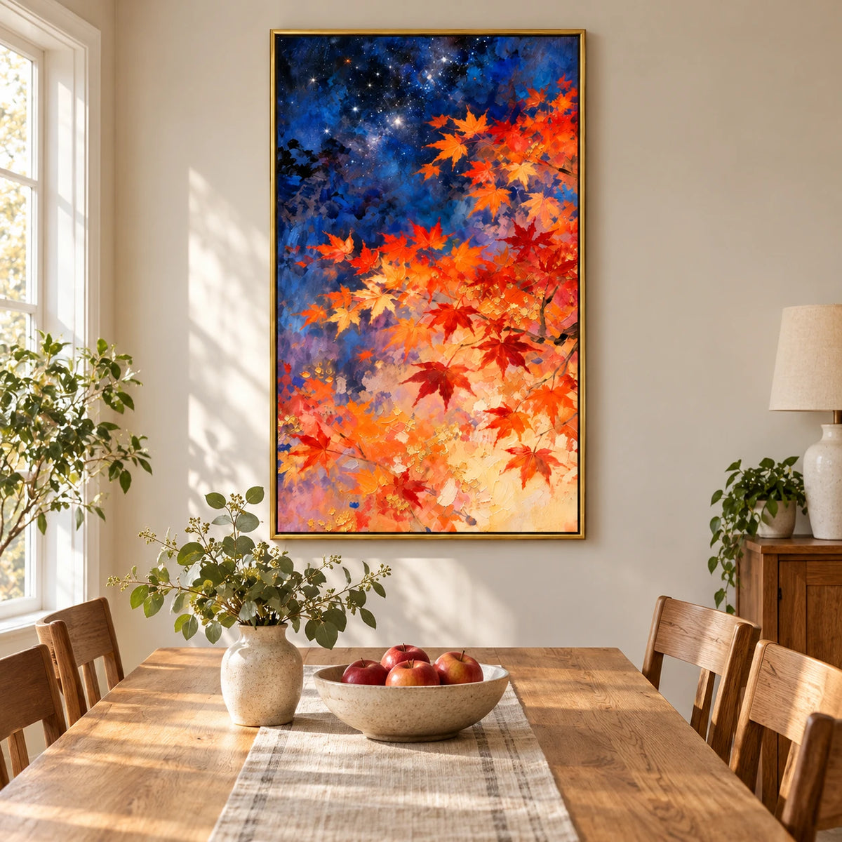 Autumn Maple Leaves beneath Starry Sky Oil Painting | Orange Red Foliage and Deep Blue Night Vertical Wall Art #OA 1720