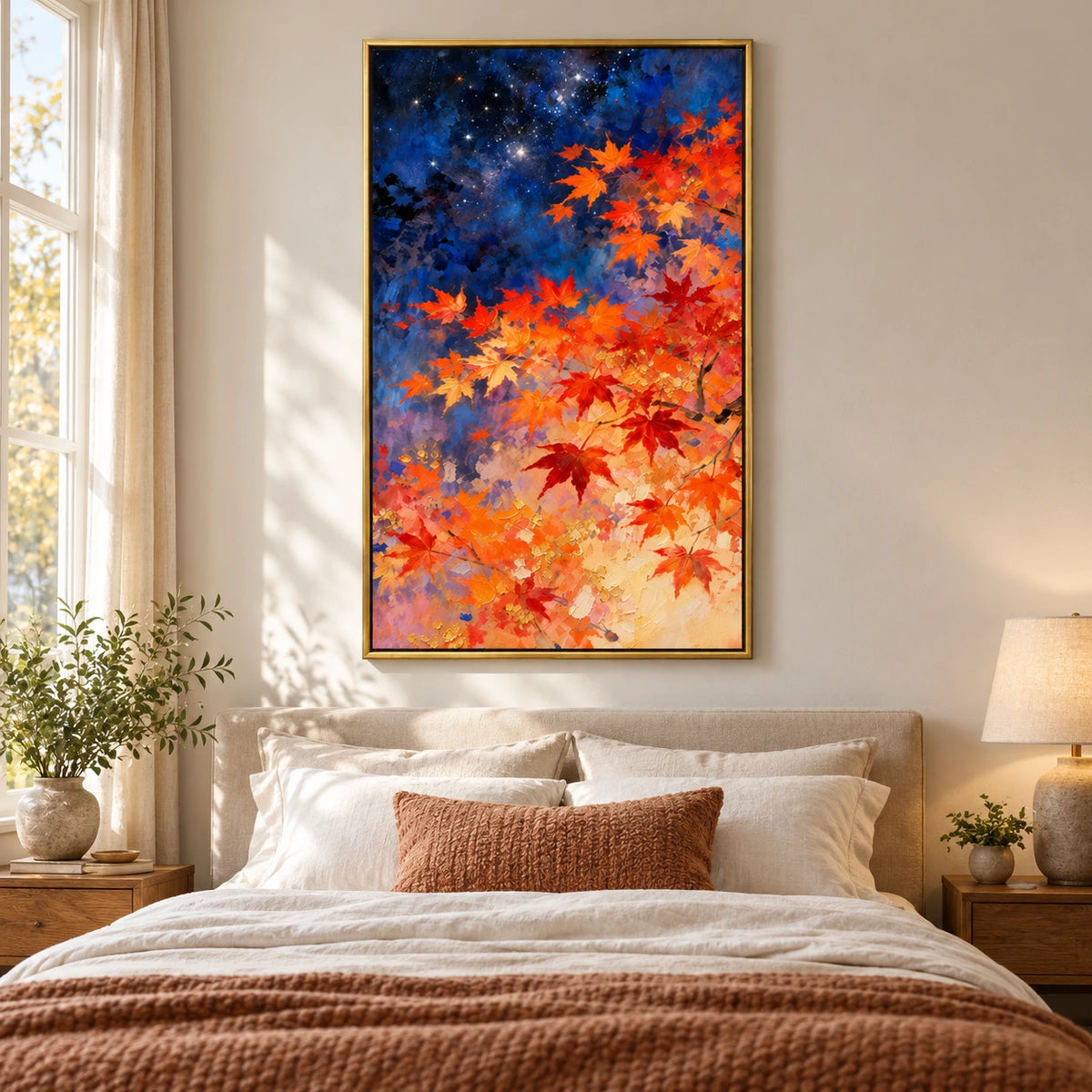 Autumn Maple Leaves beneath Starry Sky Oil Painting | Orange Red Foliage and Deep Blue Night Vertical Wall Art #OA 1720