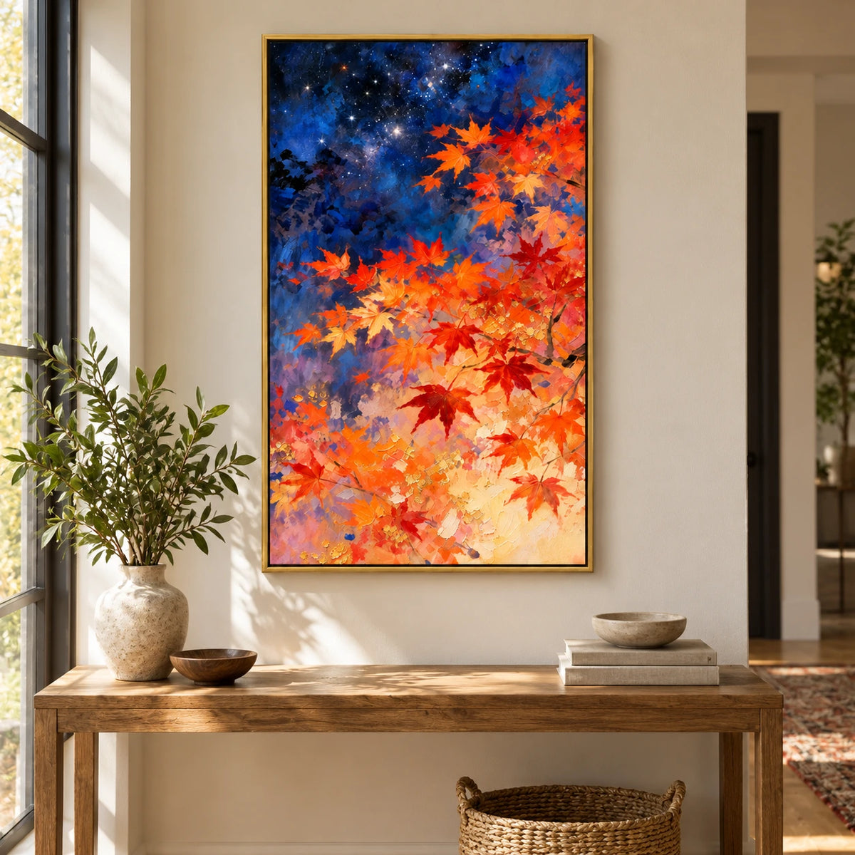 Autumn Maple Leaves beneath Starry Sky Oil Painting | Orange Red Foliage and Deep Blue Night Vertical Wall Art #OA 1720