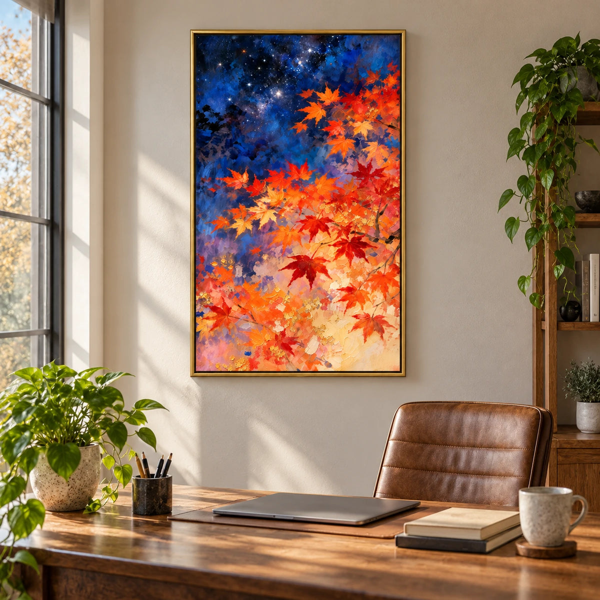 Autumn Maple Leaves beneath Starry Sky Oil Painting | Orange Red Foliage and Deep Blue Night Vertical Wall Art #OA 1720