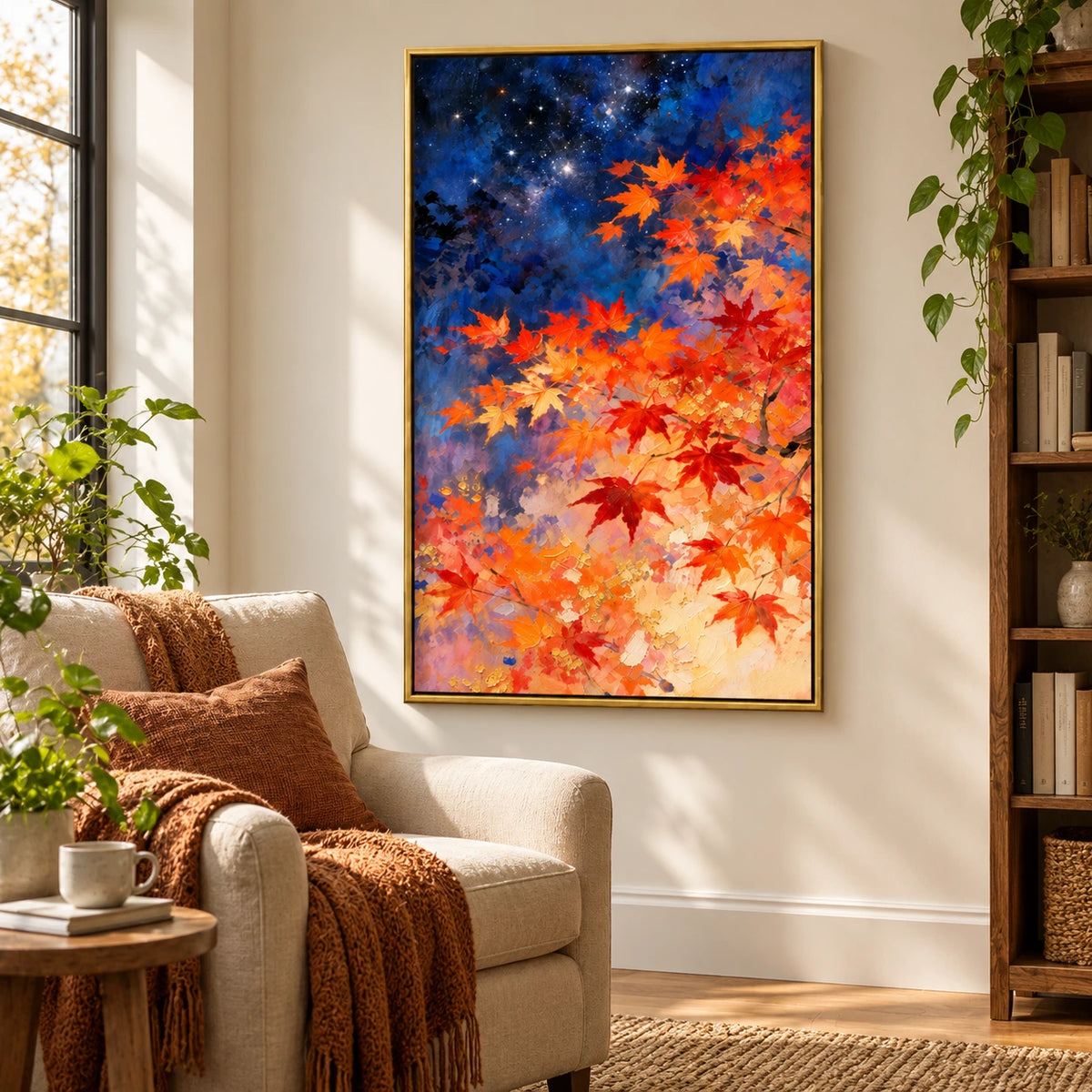 Autumn Maple Leaves beneath Starry Sky Oil Painting | Orange Red Foliage and Deep Blue Night Vertical Wall Art #OA 1720