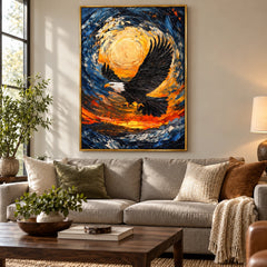 Bald Eagle in Flight Oil Painting | Swirling Blue and Gold Sky Orange Sunset Textured Vertical Wildlife Wall Art #OA 1725