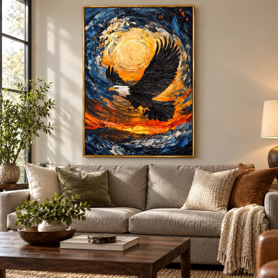 Bald Eagle in Flight Oil Painting | Swirling Blue and Gold Sky Orange Sunset Textured Vertical Wildlife Wall Art #OA 1725