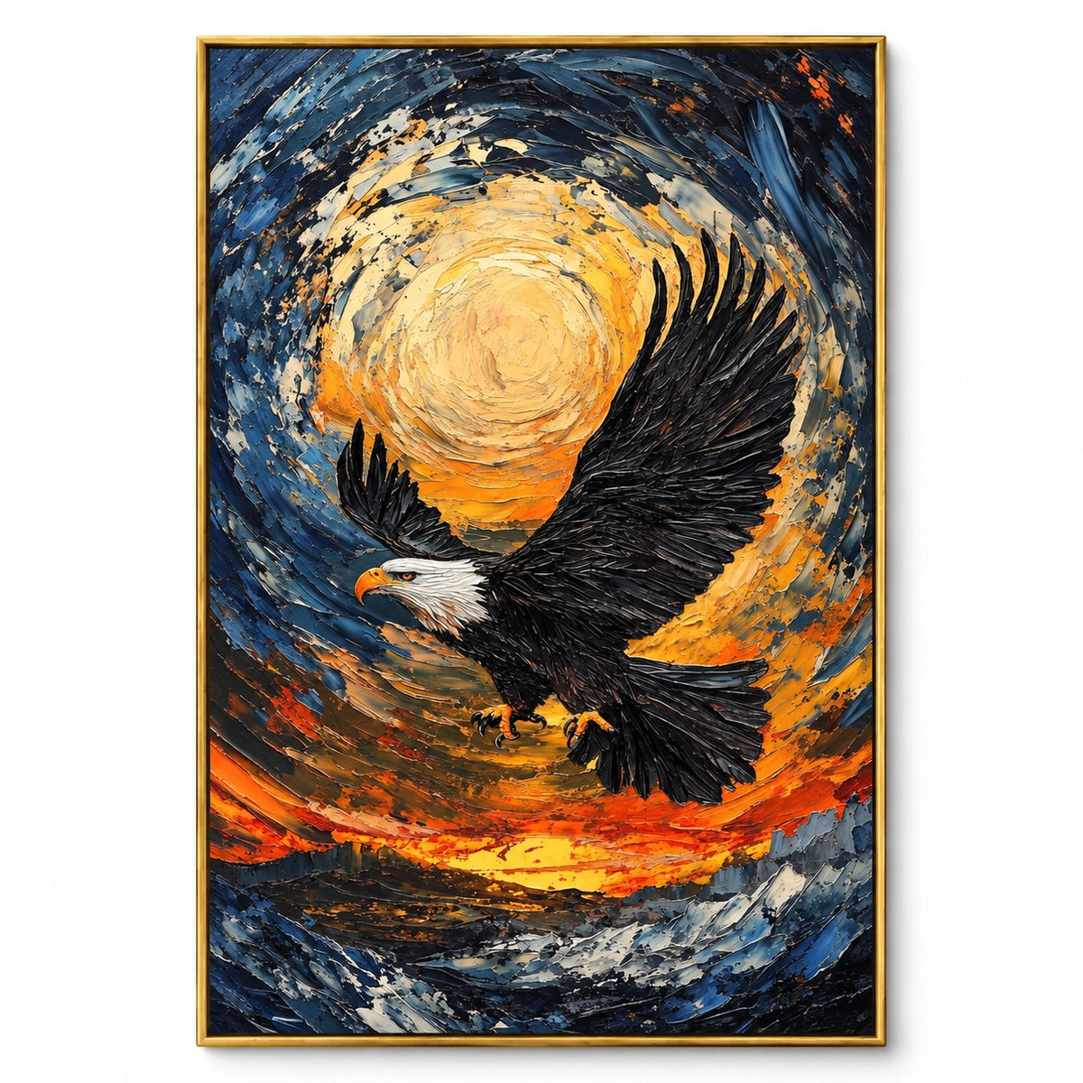 Bald Eagle in Flight Oil Painting | Swirling Blue and Gold Sky Orange Sunset Textured Vertical Wildlife Wall Art #OA 1725