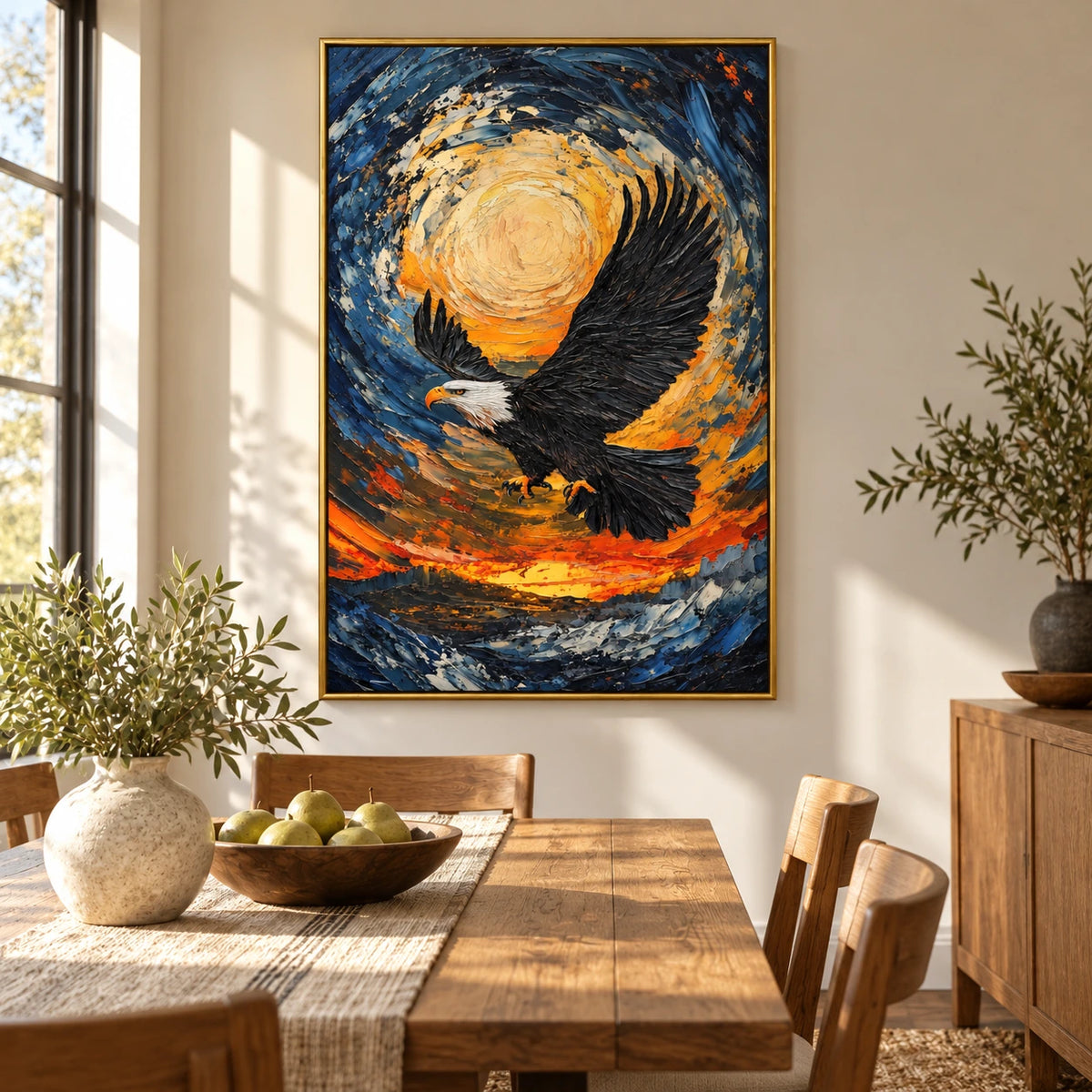Bald Eagle in Flight Oil Painting | Swirling Blue and Gold Sky Orange Sunset Textured Vertical Wildlife Wall Art #OA 1725