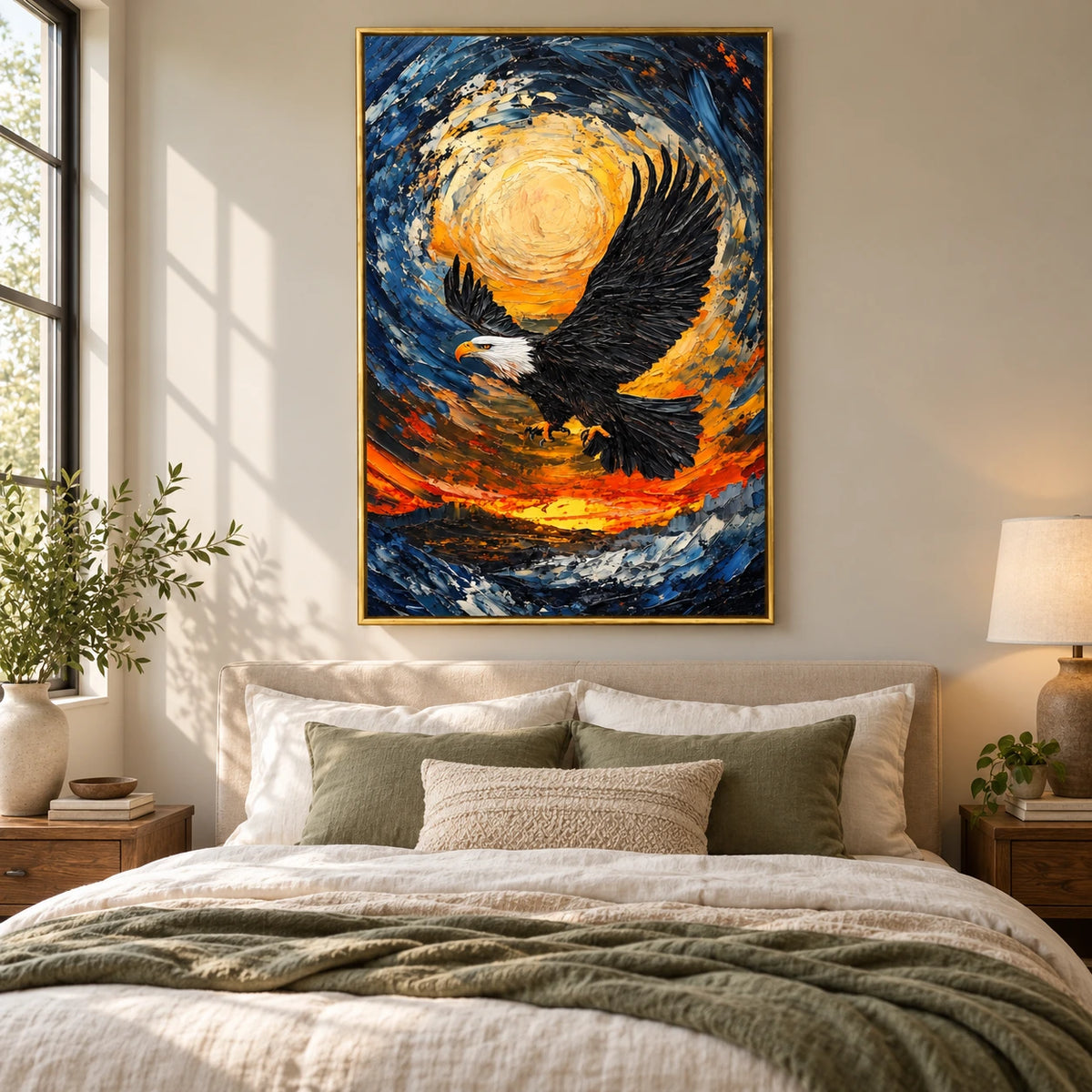 Bald Eagle in Flight Oil Painting | Swirling Blue and Gold Sky Orange Sunset Textured Vertical Wildlife Wall Art #OA 1725
