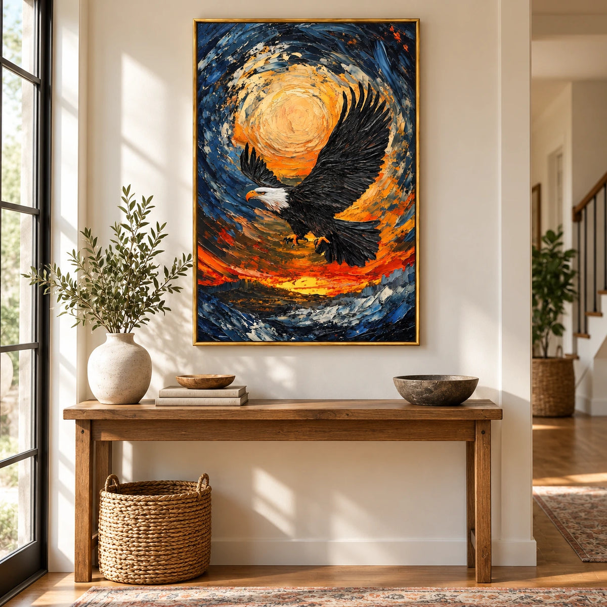 Bald Eagle in Flight Oil Painting | Swirling Blue and Gold Sky Orange Sunset Textured Vertical Wildlife Wall Art #OA 1725