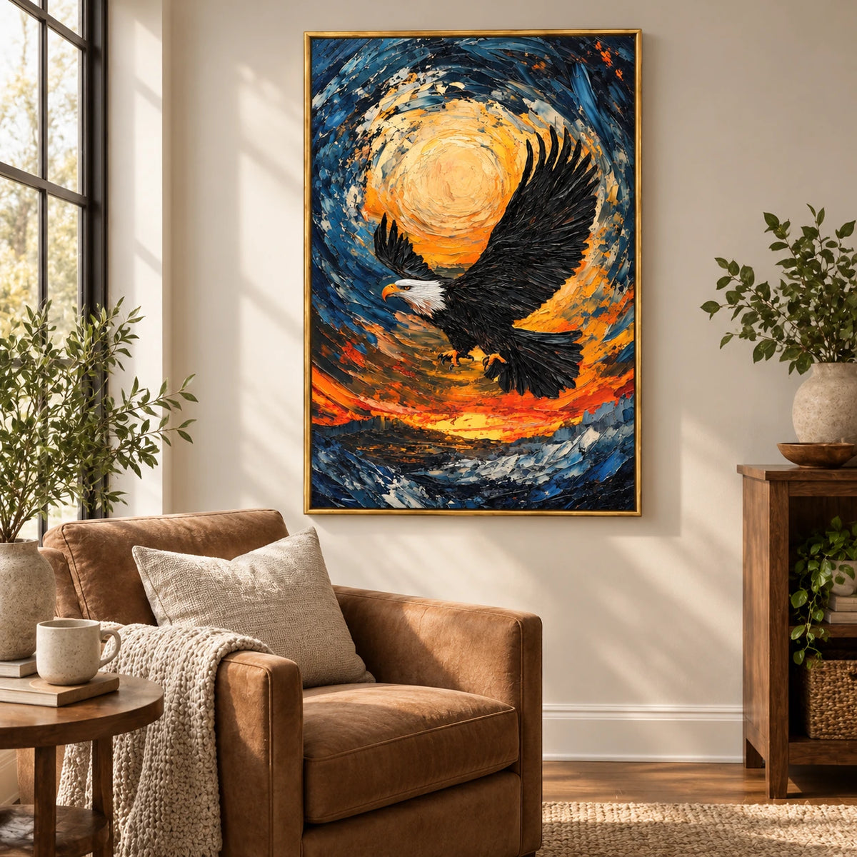 Bald Eagle in Flight Oil Painting | Swirling Blue and Gold Sky Orange Sunset Textured Vertical Wildlife Wall Art #OA 1725