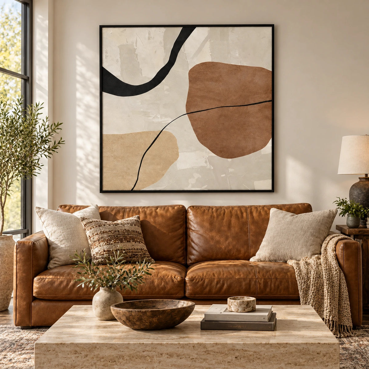 Beige Brown and Black Organic Abstract Oil Painting | Minimalist Curved Line Square Wall Art #OA 1624