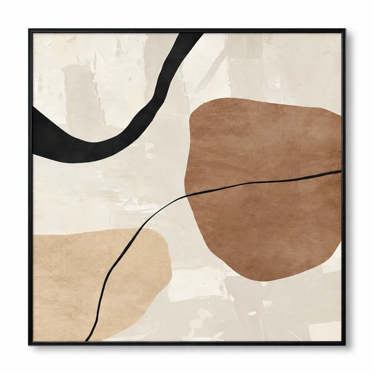 Beige Brown and Black Organic Abstract Oil Painting | Minimalist Curved Line Square Wall Art #OA 1624