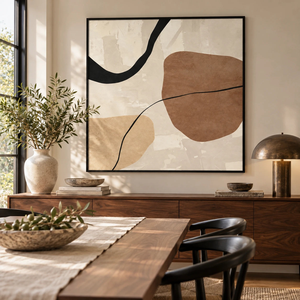 Beige Brown and Black Organic Abstract Oil Painting | Minimalist Curved Line Square Wall Art #OA 1624