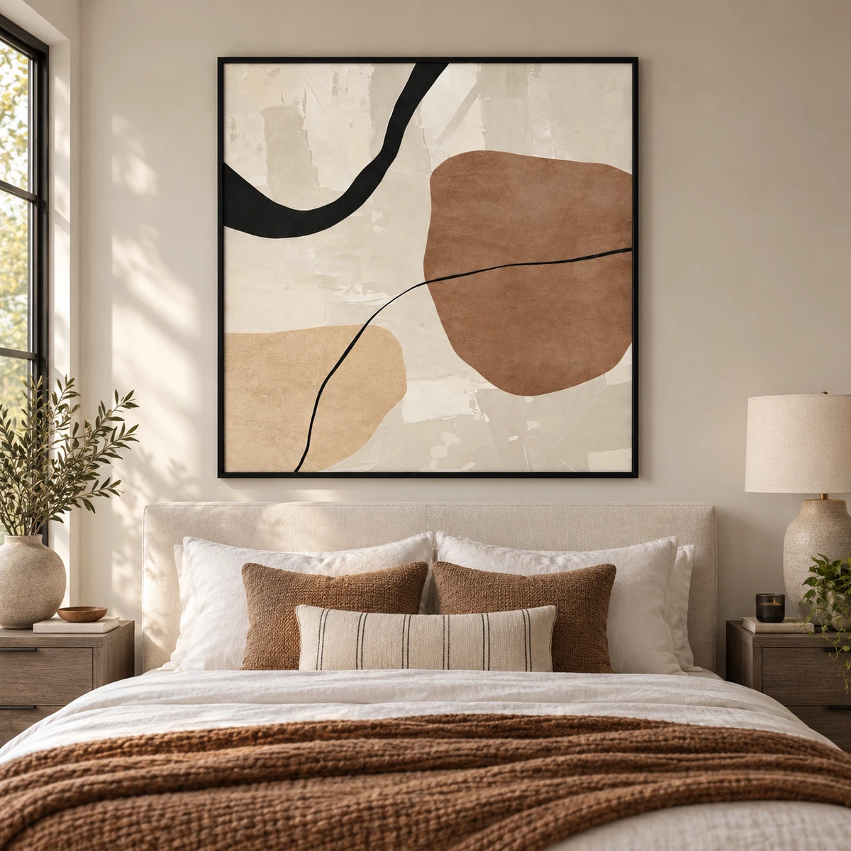 Beige Brown and Black Organic Abstract Oil Painting | Minimalist Curved Line Square Wall Art #OA 1624