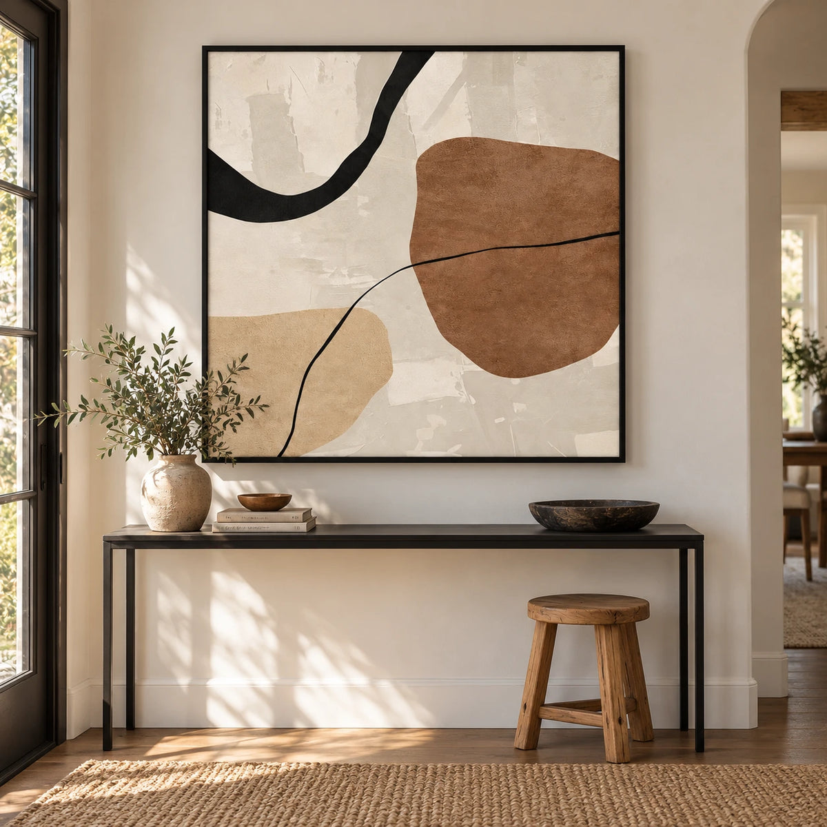 Beige Brown and Black Organic Abstract Oil Painting | Minimalist Curved Line Square Wall Art #OA 1624