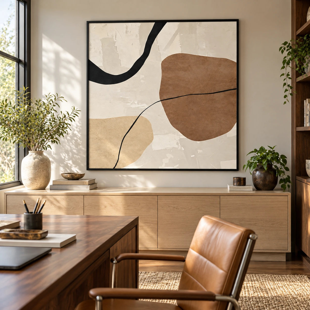 Beige Brown and Black Organic Abstract Oil Painting | Minimalist Curved Line Square Wall Art #OA 1624