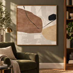 Beige Brown and Black Organic Abstract Oil Painting | Neutral Minimalist Geometric Square Wall Art #OA 1635