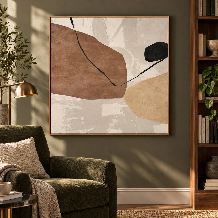 Beige Brown and Black Organic Abstract Oil Painting | Neutral Minimalist Geometric Square Wall Art #OA 1635