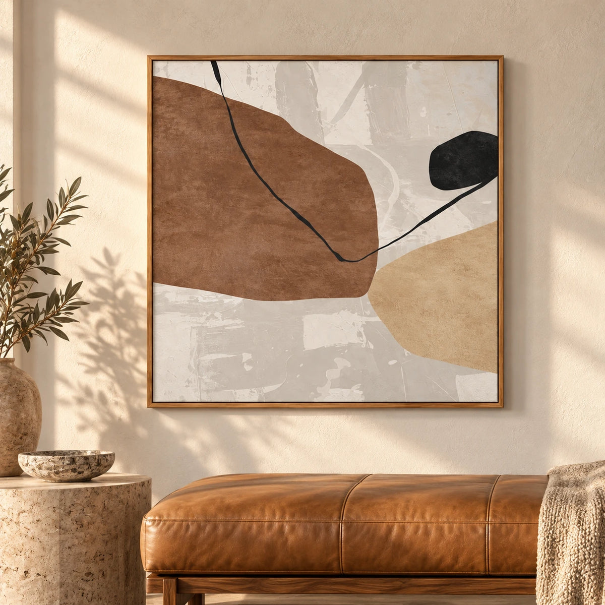 Beige Brown and Black Organic Abstract Oil Painting | Neutral Minimalist Geometric Square Wall Art #OA 1635