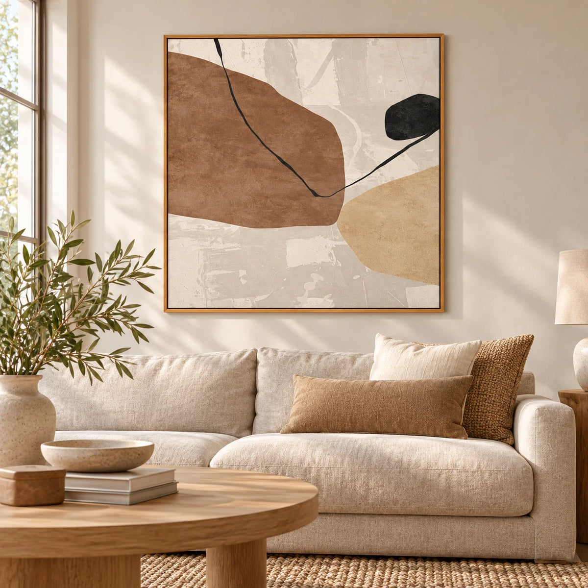 Beige Brown and Black Organic Abstract Oil Painting | Neutral Minimalist Geometric Square Wall Art #OA 1635